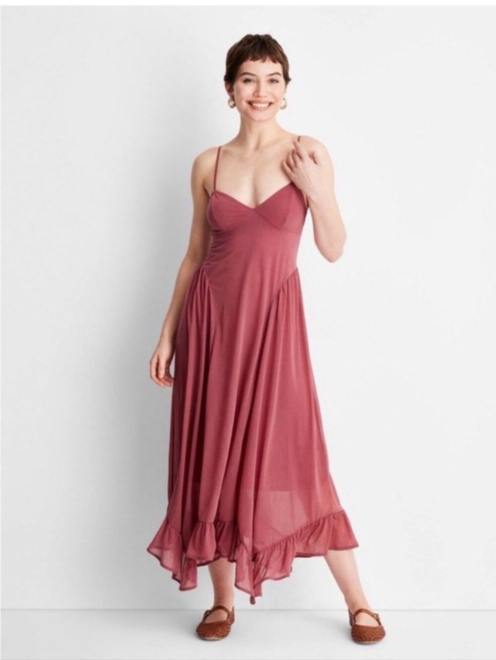 Dusty Rose Ruffled-Hem Maxi Dress with Spaghetti Straps
